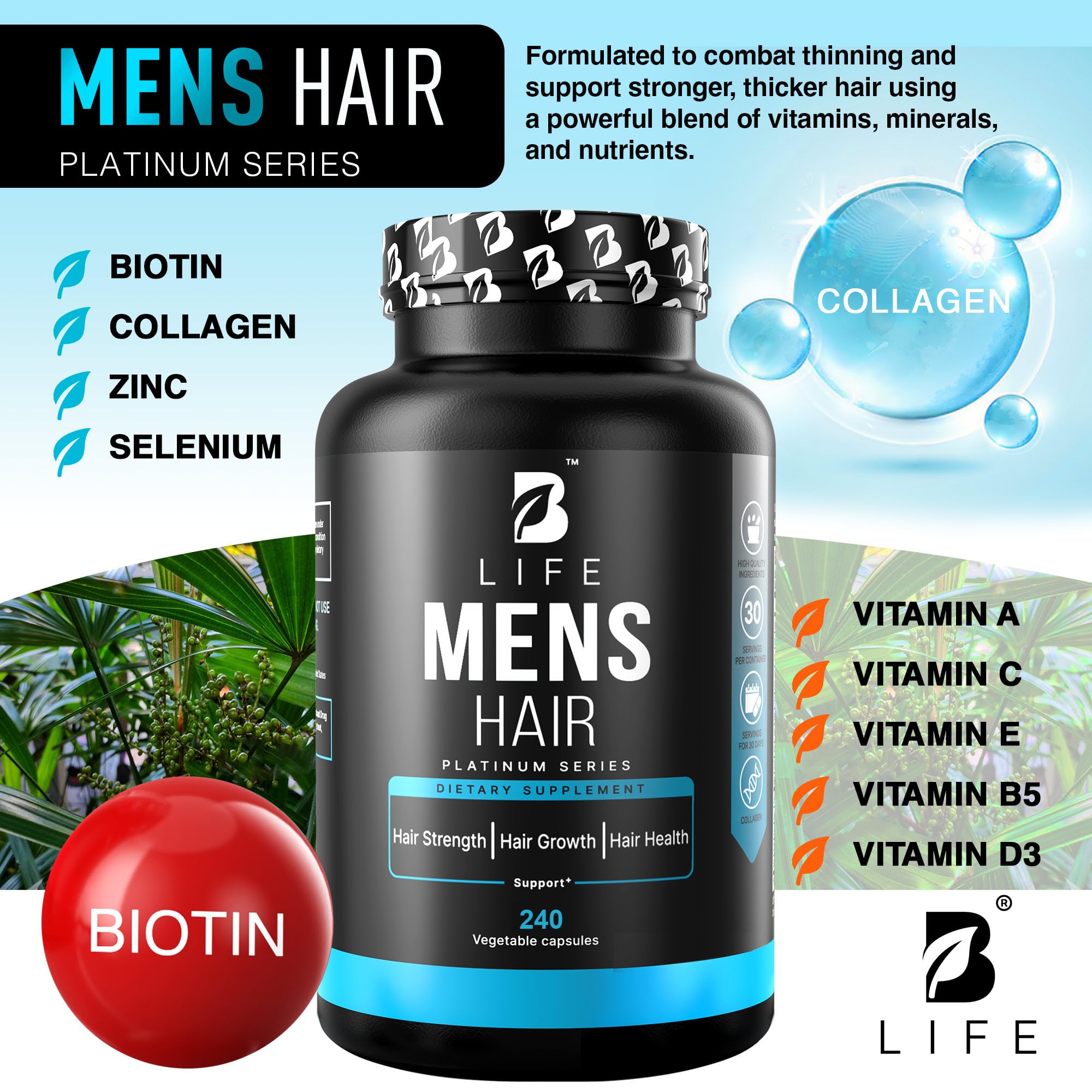 B Life Company capsules closeup highlighting biotin and collagen benefits