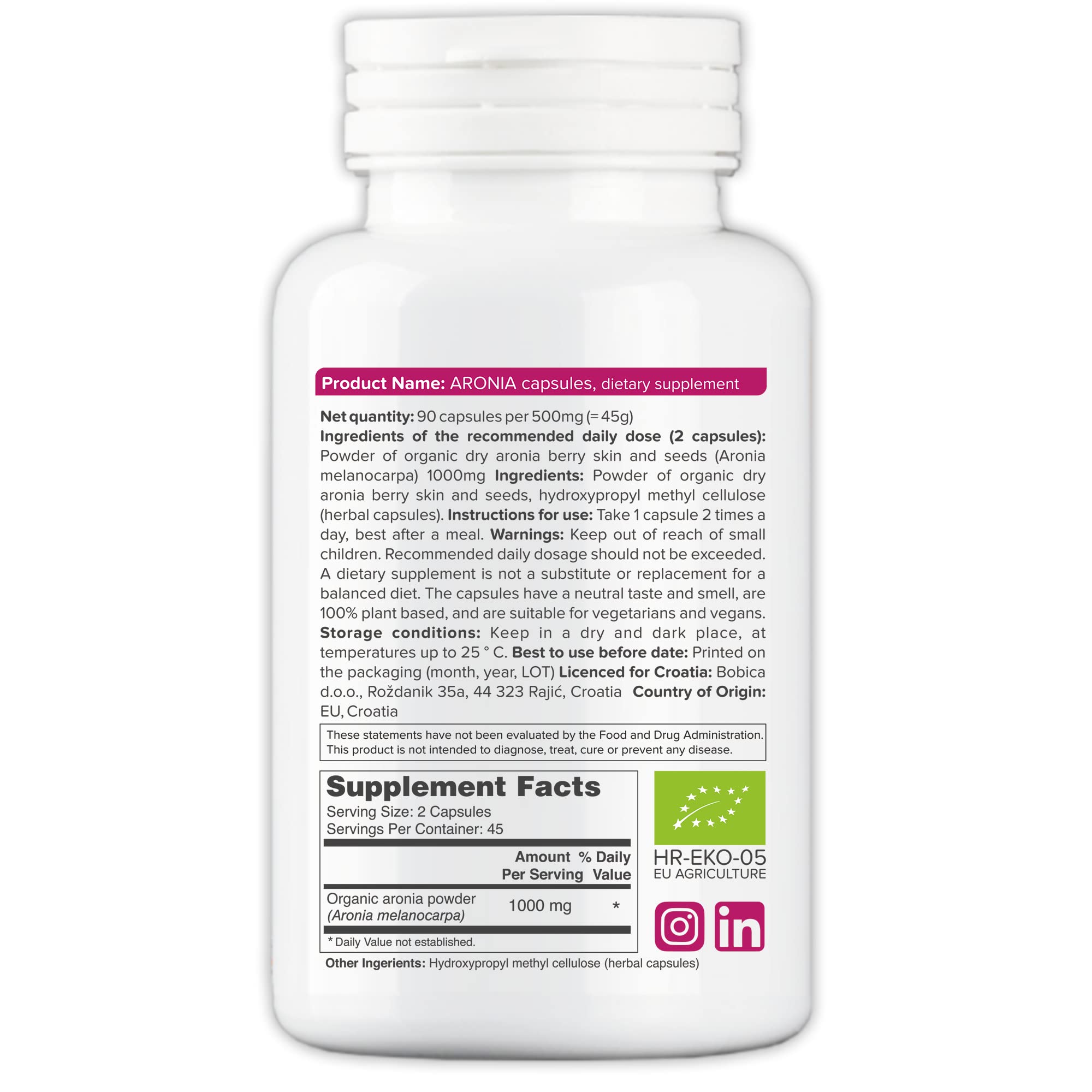 b Organic Aronia Berry Capsules bottle back label with GMP seal for quality