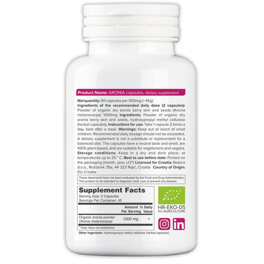 b Organic Aronia Berry Capsules bottle back label with GMP seal for quality