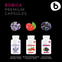 b Organic Aronia Berry Capsules packaging illustration with 90 capsules showing easy daily dosing