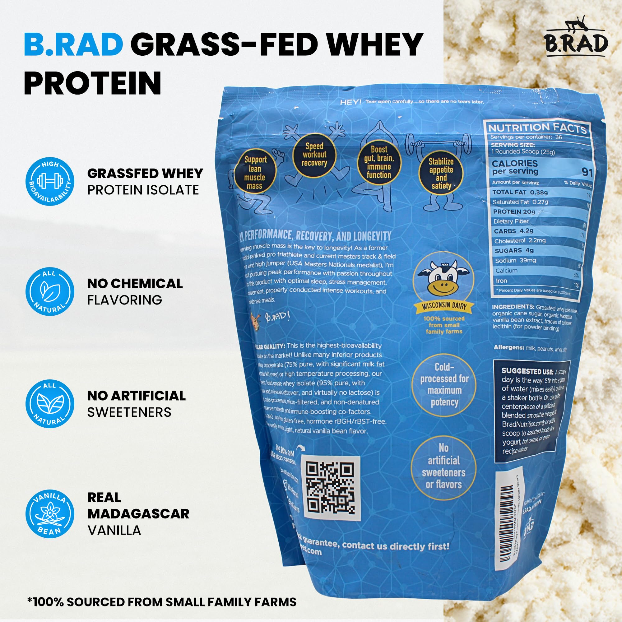 B.rad Grass-Fed Whey Isolate vanilla bean shake blend in a glass