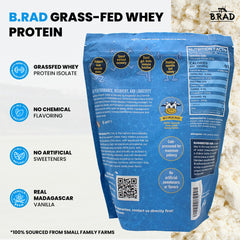 B.rad Grass-Fed Whey Isolate vanilla bean shake blend in a glass