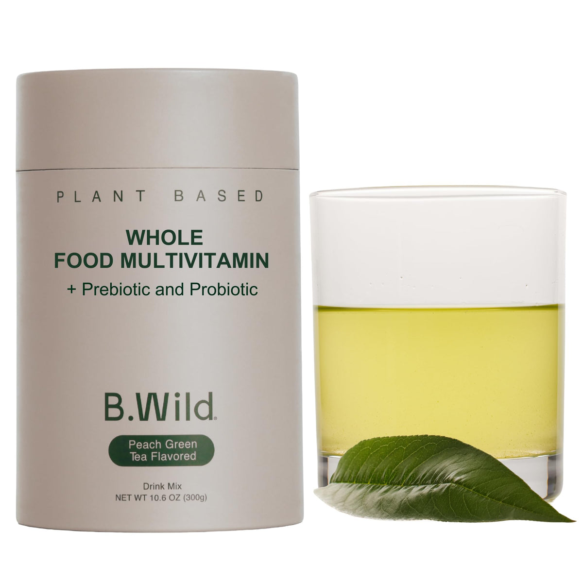 B.WILD Peach Green Tea drink mix bottle for convenient daily wellness on the go.