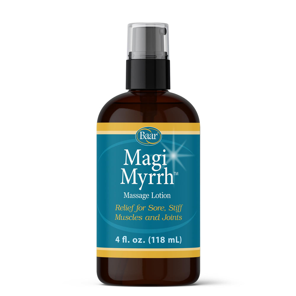 Baar Magi Myrrh Massage Lotion bottle close-up for easy application