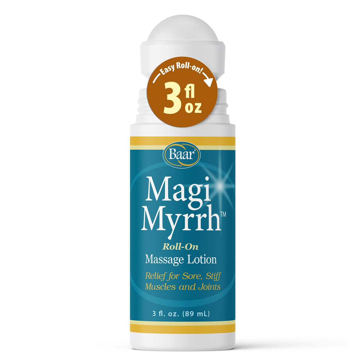 Baar Magi Myrrh Massage Lotion Roll-On bottle close-up for soothing massage