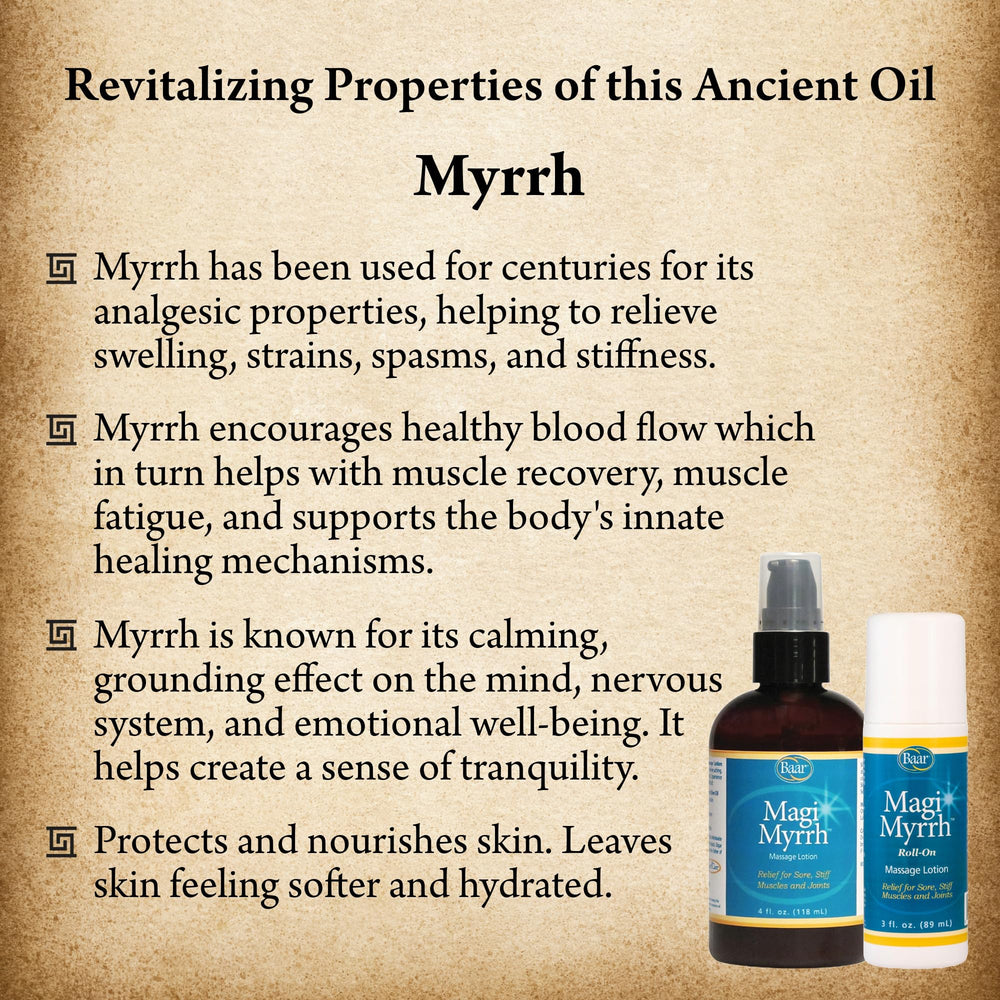 Baar Magi Myrrh Massage Lotion Roll-On label featuring Edgar Cayce formula