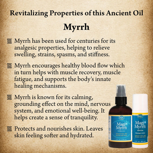 Baar Magi Myrrh Massage Lotion Roll-On label featuring Edgar Cayce formula