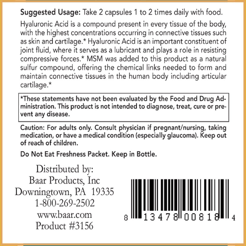 Baar Nature's Blessing HA/MSM VCaps label close-up highlights ingredients and purity.