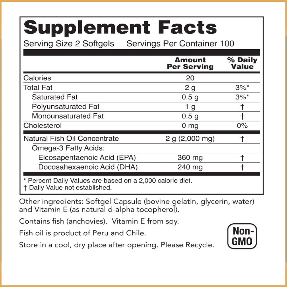 Baar Omega-3 1000mg nutrition facts panel; features high quality fish oil concentrate.
