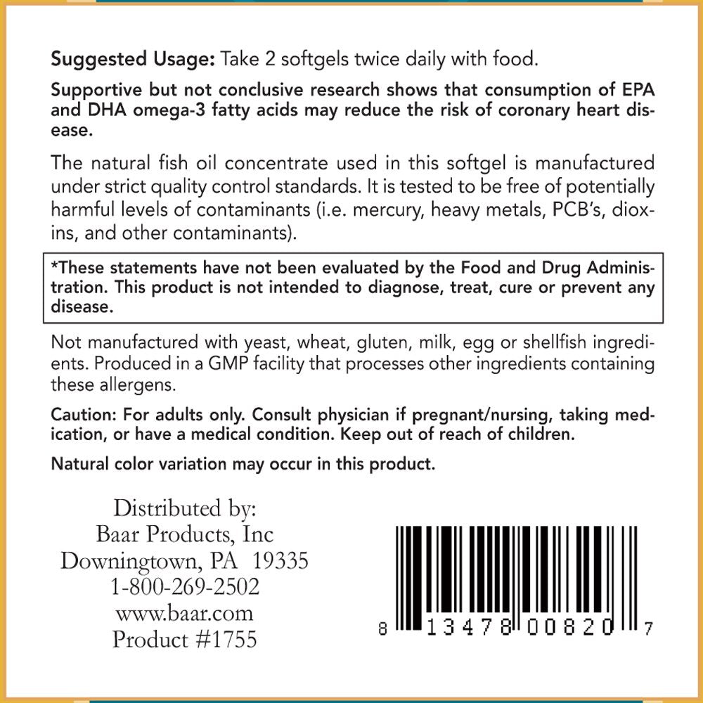 Baar Omega-3 1000mg packaging label; highlights purity and quality.