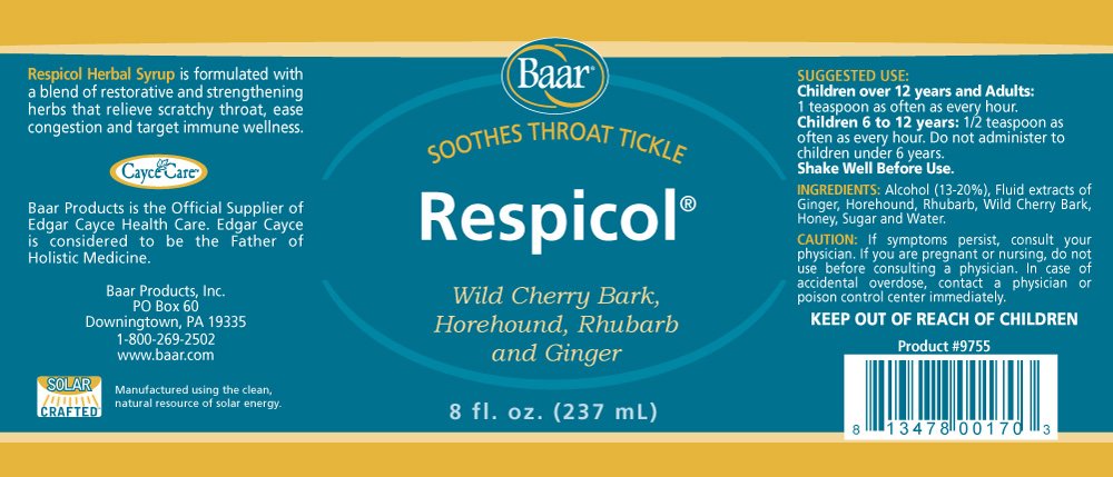 Herbal blend ingredients on Baar Respicol label.