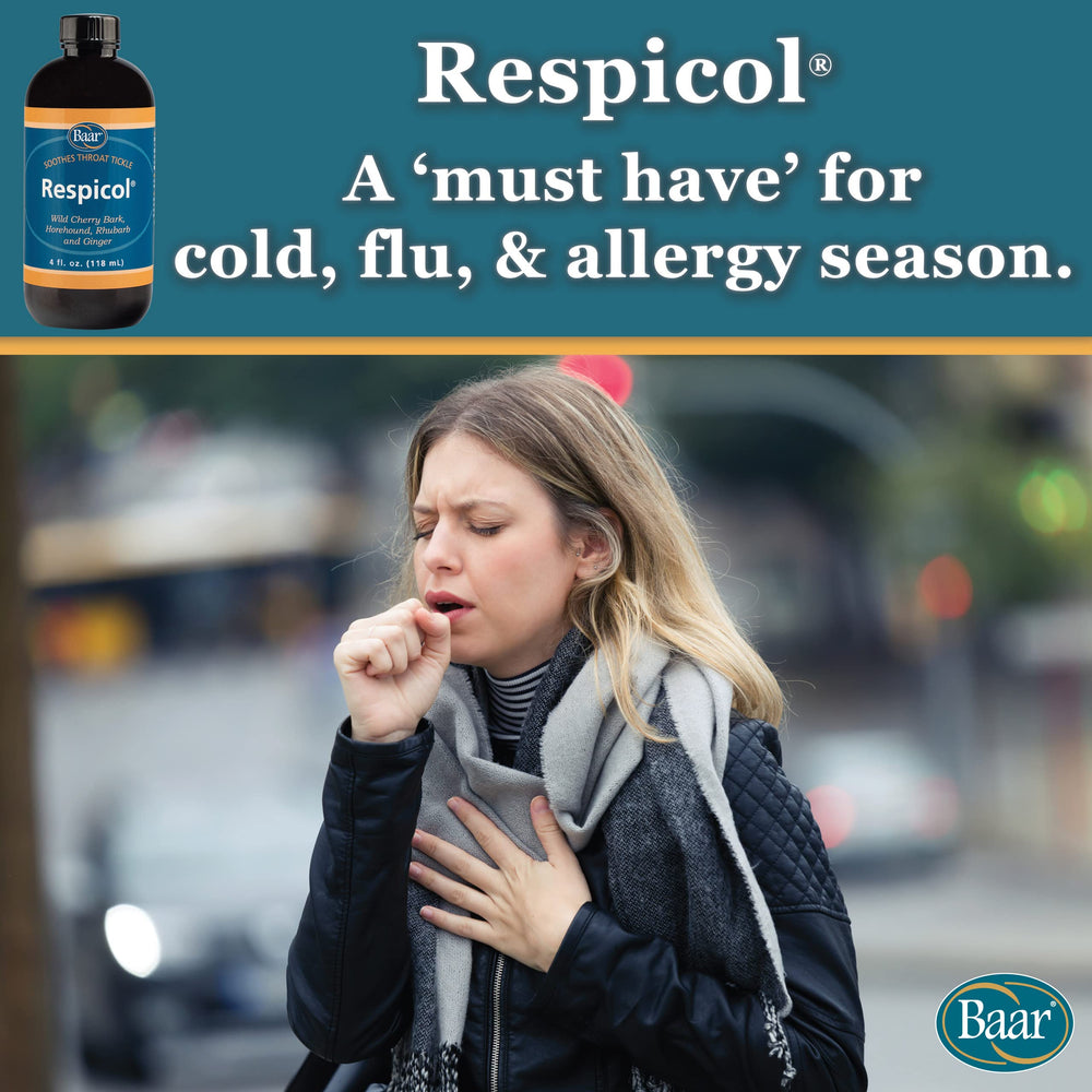 Baar Respicol label shows ingredients and usage hints for respiratory support.