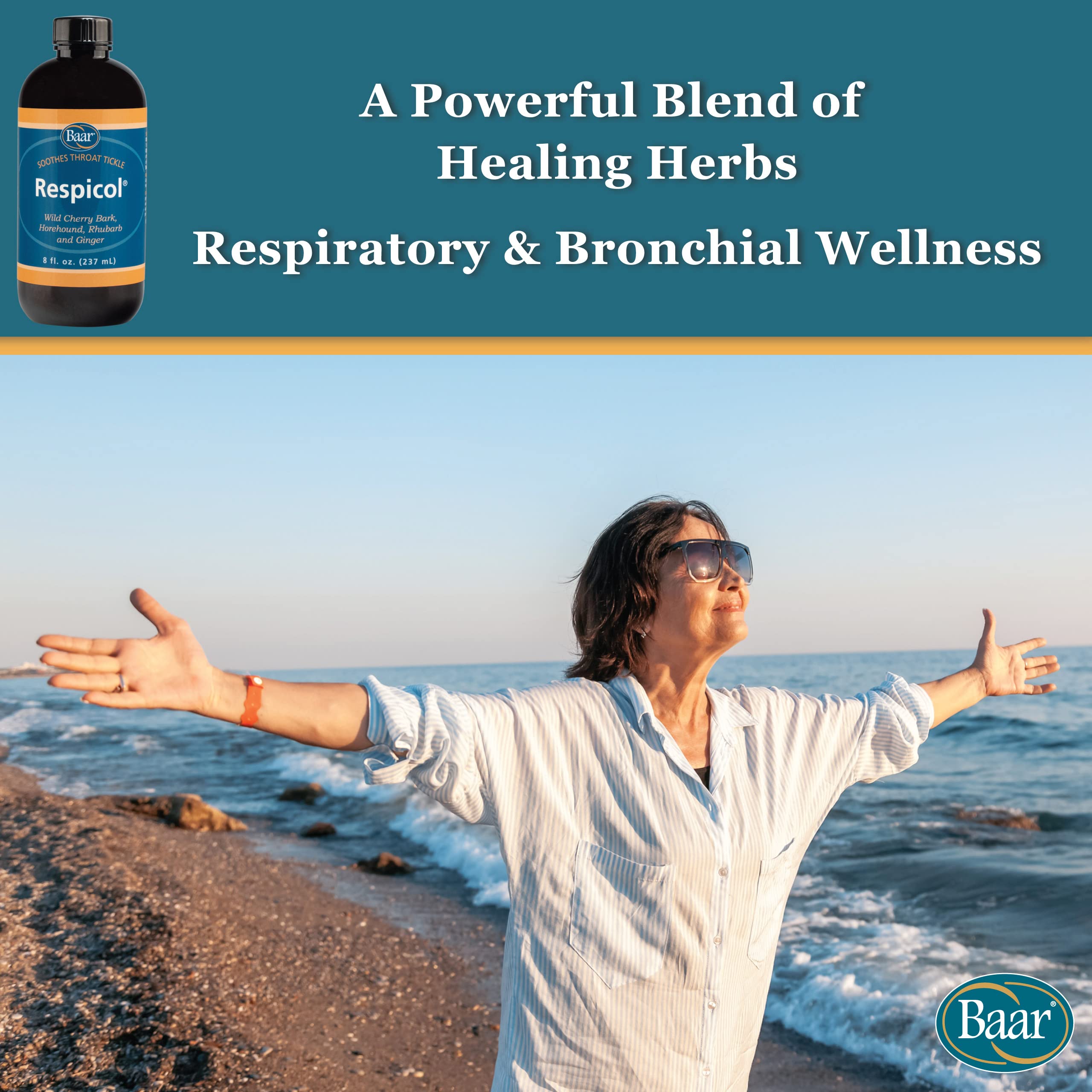 Baar Respicol bottle beside a warm cup, suggesting soothing usage.
