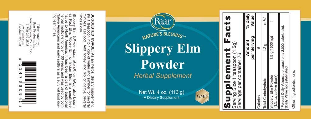 Baar Slippery Elm Powder bottle label close-up highlighting inner bark origin