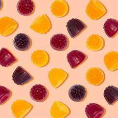 Baby Blues Brightside gummies closeup highlights peach mango strawberry flavor for daily immune and mood support.