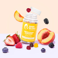Baby Blues Brightside gummies trio flavors closeup emphasizes vegan, gelatin-free formula.