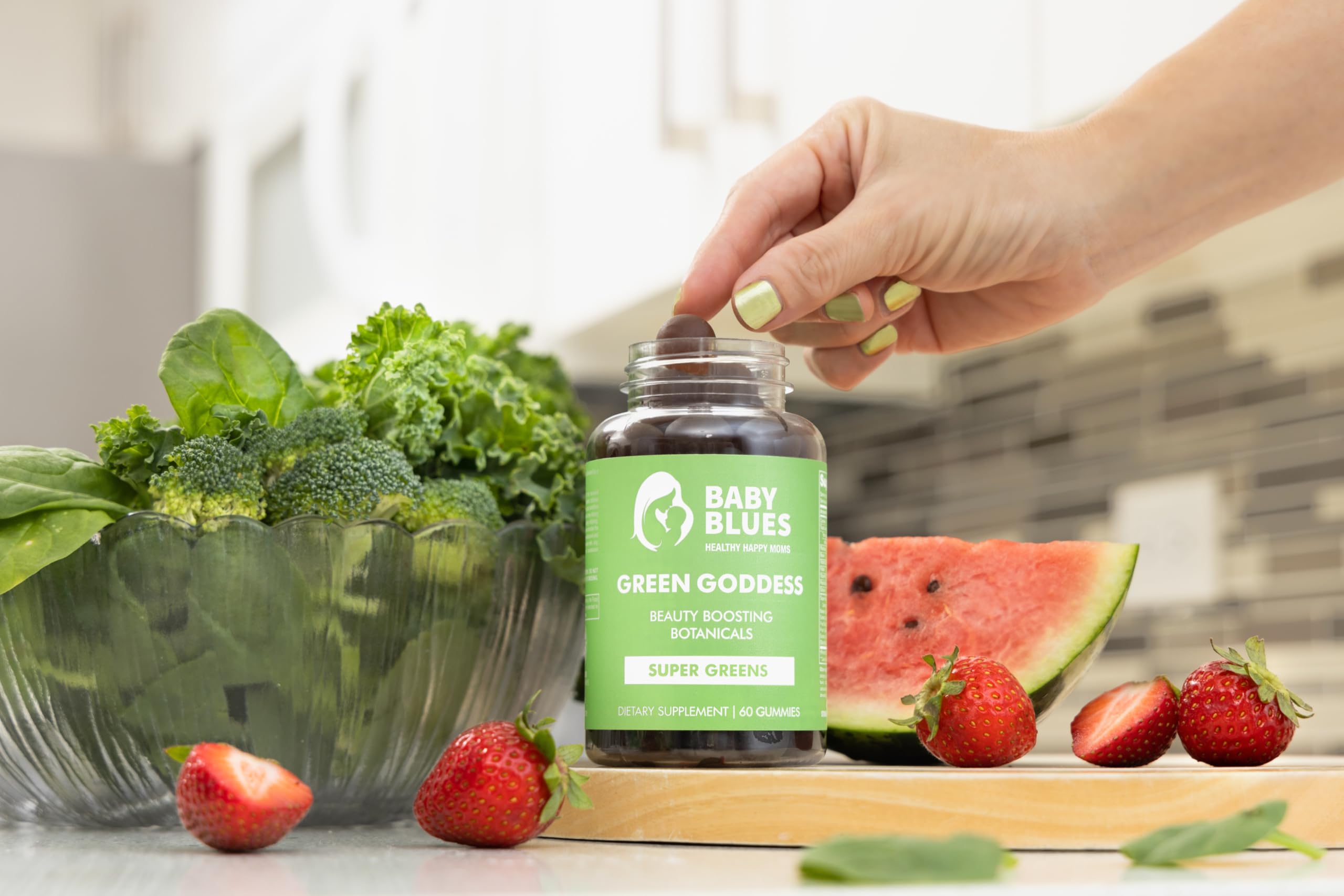 Baby Blues Green Goddess Gummies packaging box highlights plant-based nutrition.
