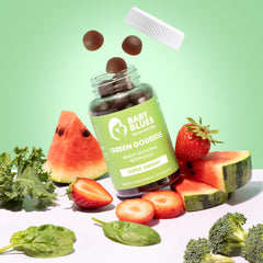 Baby Blues Green Goddess Gummies texture closeup shows chewy daily supplement.