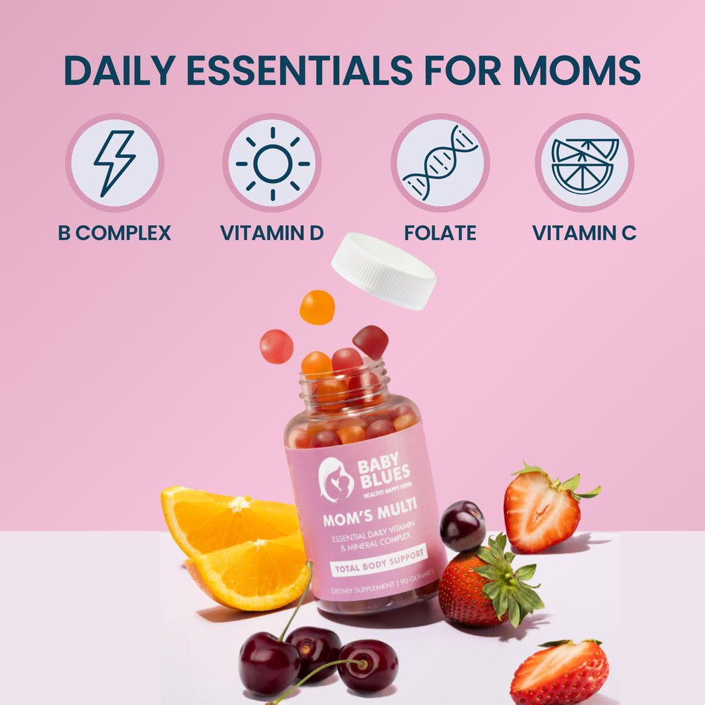 Baby Blues Mom's Multi Daily Gummies bottle dosage note showing two gummies per day.