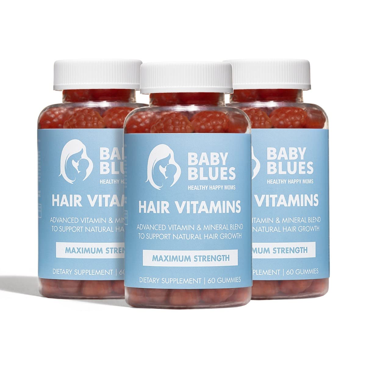Baby Blues Postpartum Hair Loss Vitamins bottle shows daily-dose support for hair growth.