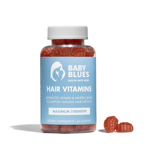 Baby Blues postpartum vitamins bottle with passion fruit gummies supporting daily hair health