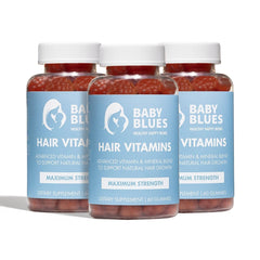 Baby Blues Postpartum Hair Loss Vitamins bottle shows daily-dose support for hair growth.