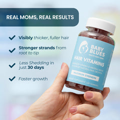 Baby Blues capsules closeup highlights nutrients supporting the full hair cycle.