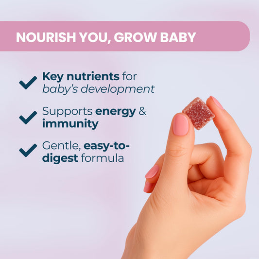 Close-up of a Baby Blues Prenatal Gummy highlighting gentle, stomach-friendly support