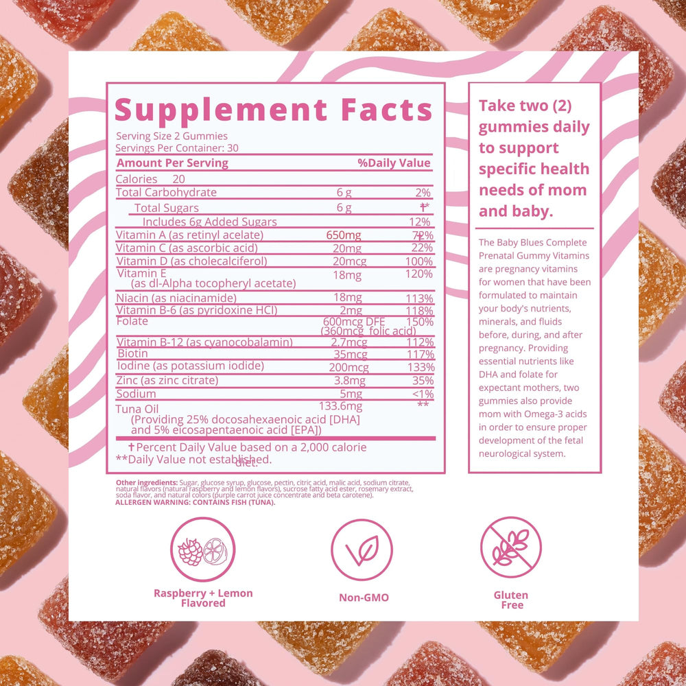 Raspberry lemonade flavor of Baby Blues Prenatal Gummies tempting taste and smell
