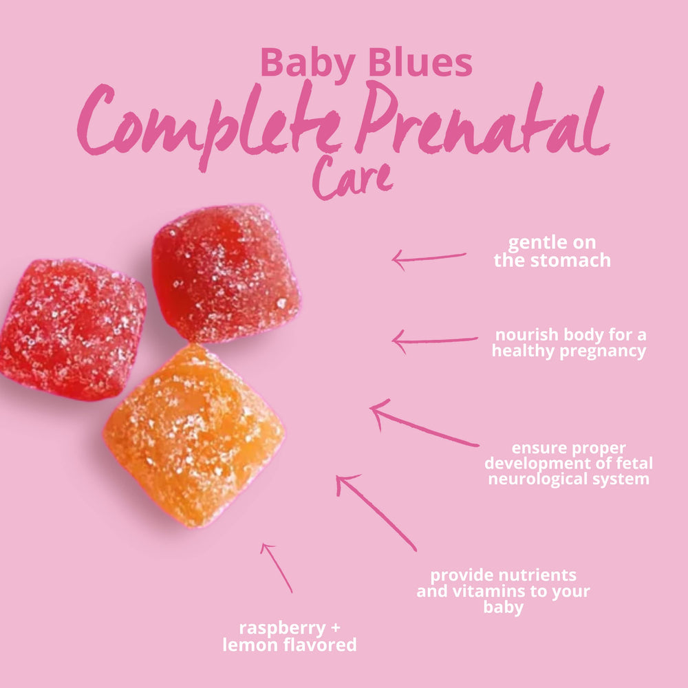 USA-made Baby Blues Prenatal Gummies in a sealed bottle emphasize non-GMO quality