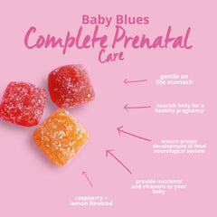 USA-made Baby Blues Prenatal Gummies in a sealed bottle emphasize non-GMO quality