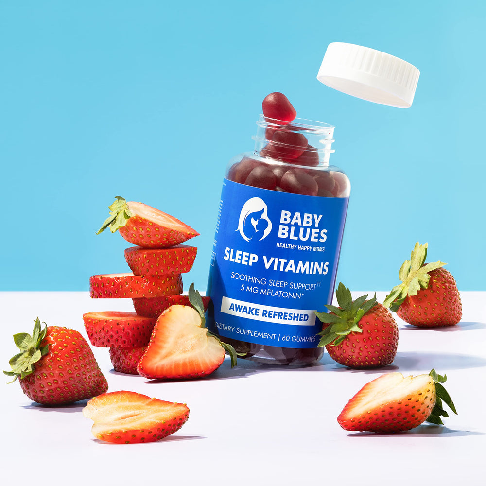 Baby Blues sleep gummies bottle shows 5 mg melatonin for quicker wind-down