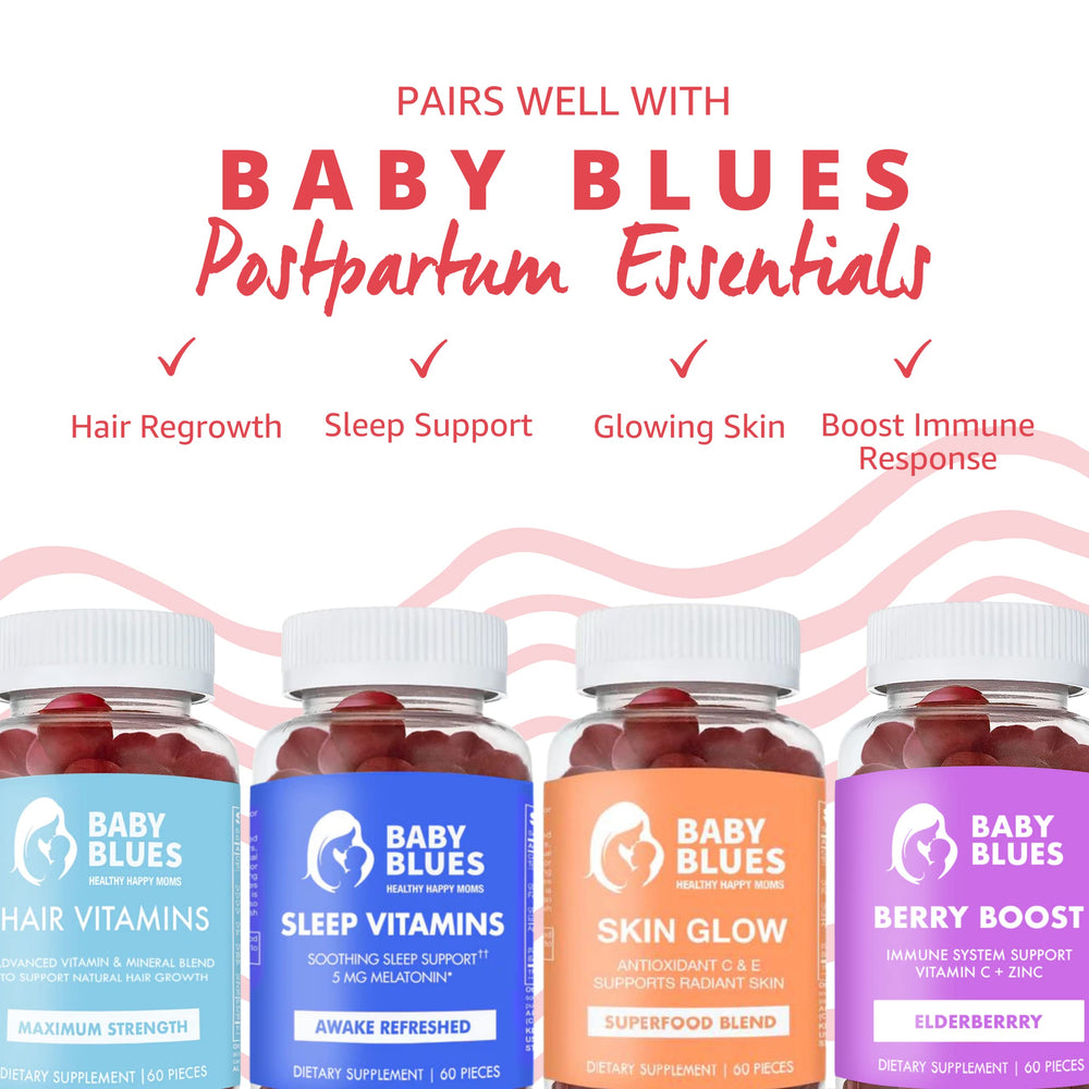 Baby Blues vegan non-GMO gummies packaging highlights plant-based vitamins for mom wellness.
