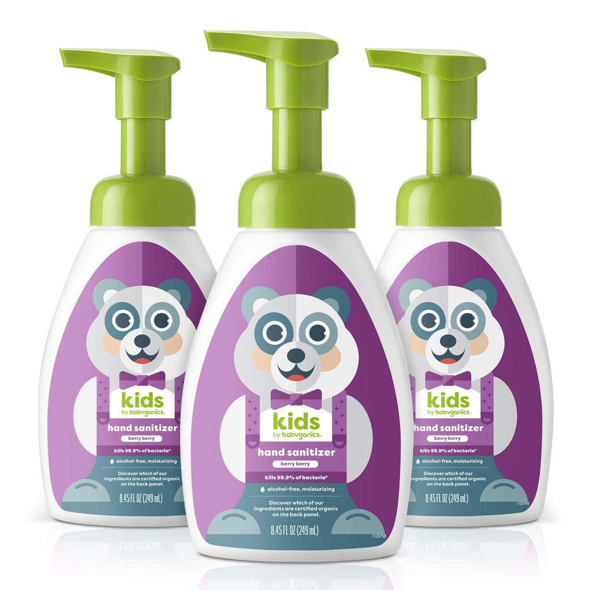 Babyganics Berry Berry foaming hand sanitizer bottle front view highlights moisturizing, alcohol-free formula