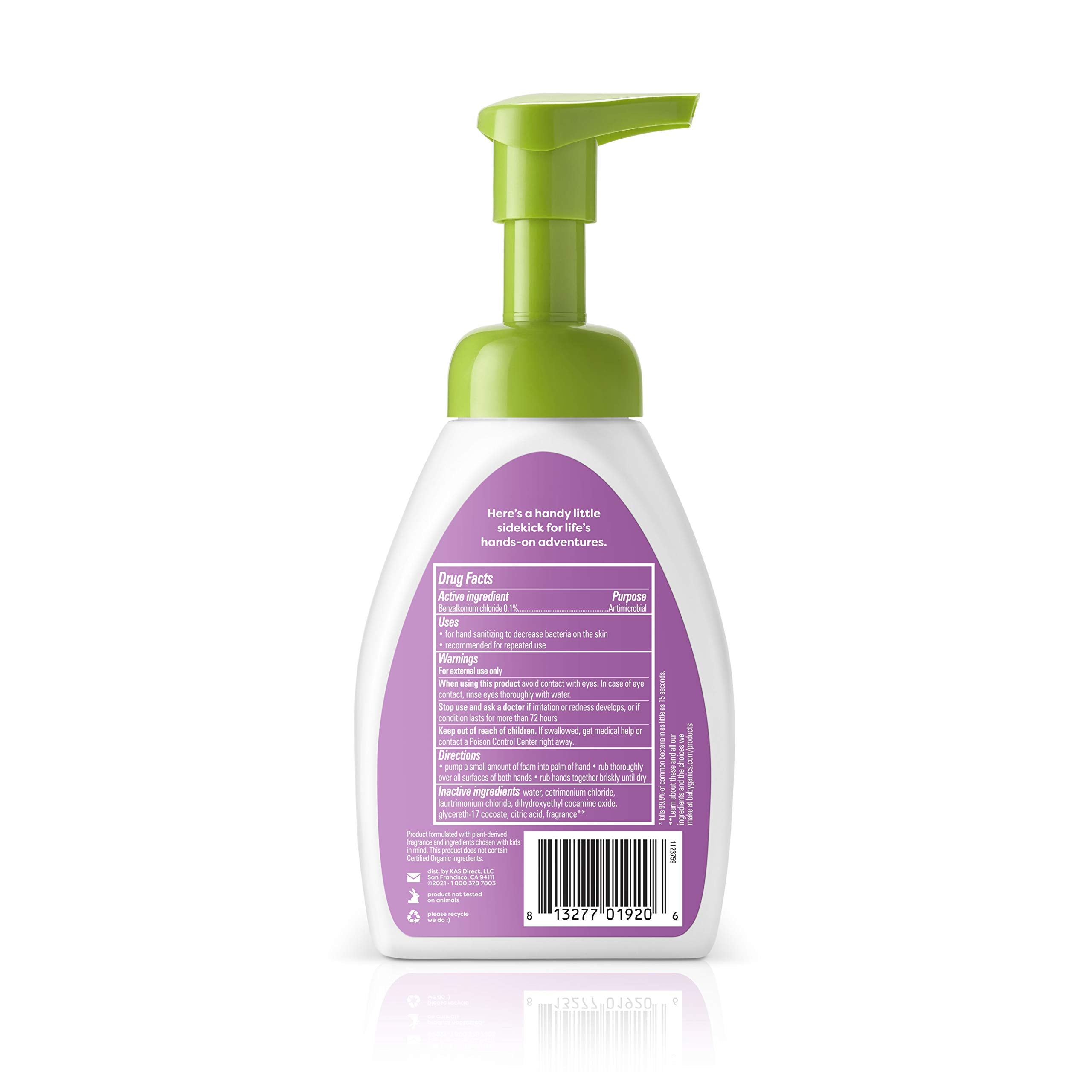 Babyganics Berry Berry foaming sanitizer pump in action shows rich foam and clean hands