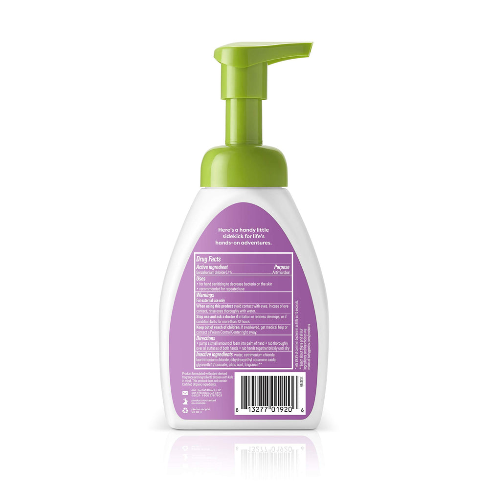 Babyganics Berry Berry foaming sanitizer pump in action shows rich foam and clean hands