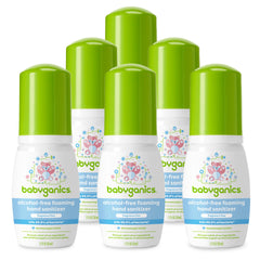 Babyganics foaming hand sanitizer front label shows fragrance-free formula for sensitive skin