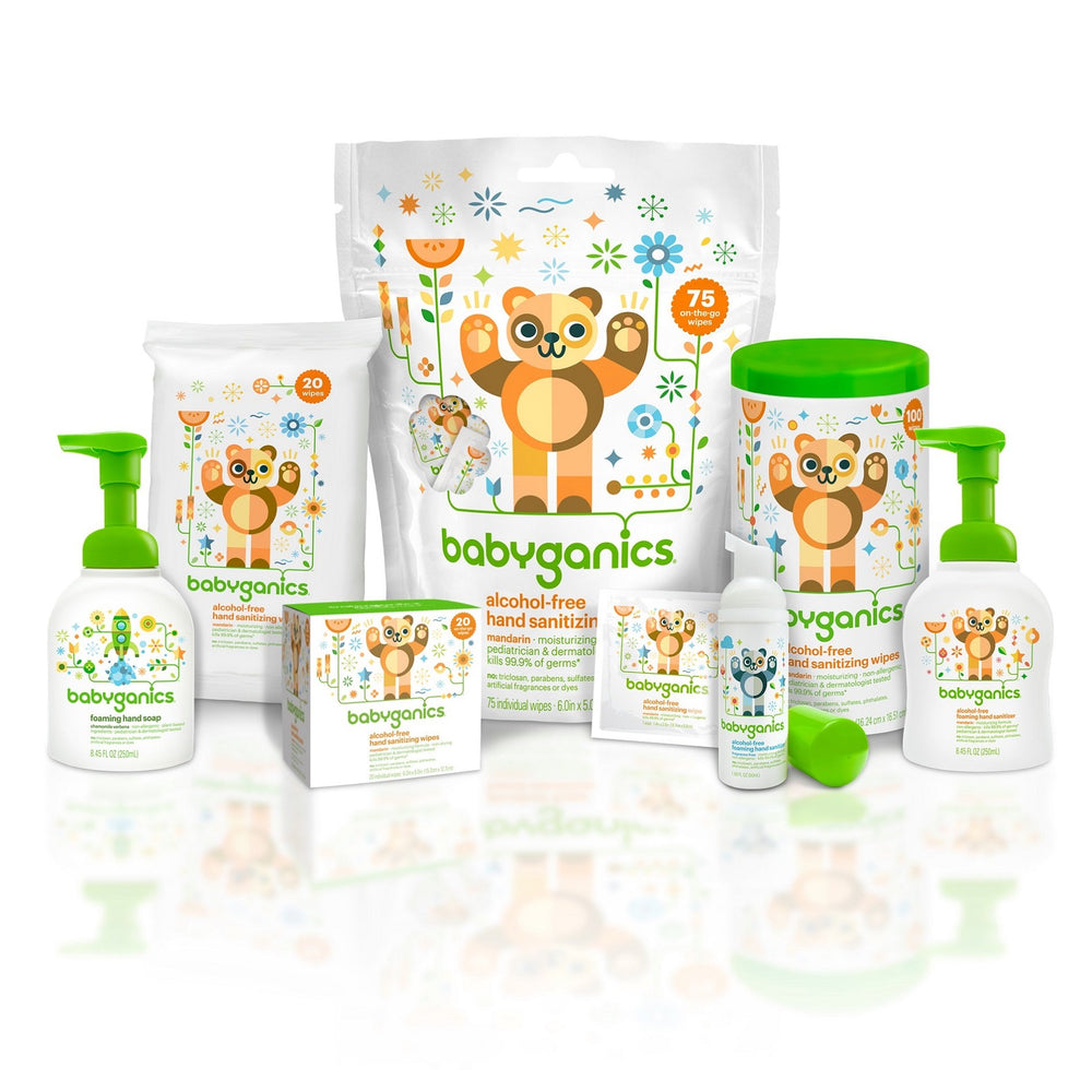 Babyganics moisturizing foam sanitizer shown in a compact 50ml pump bottle