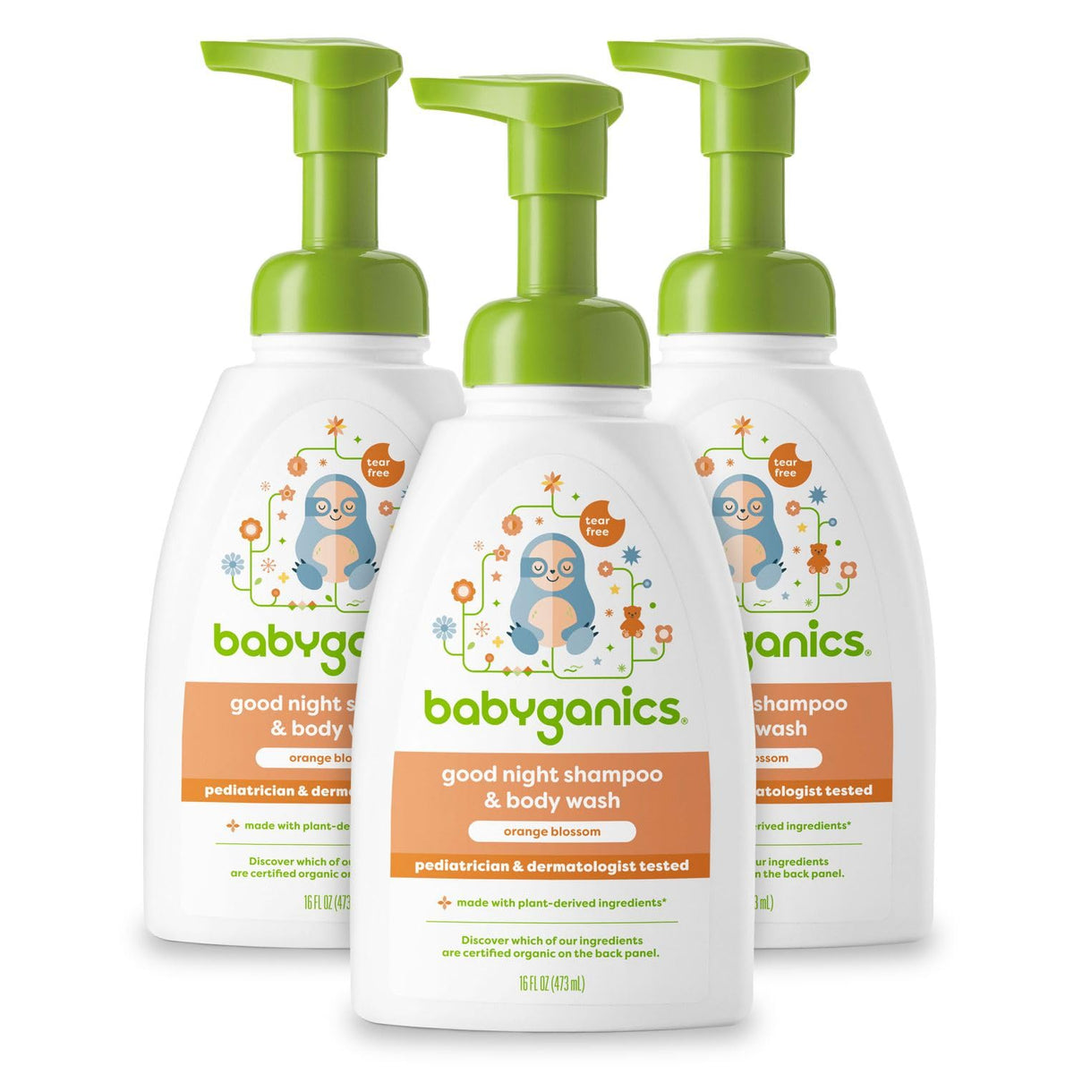 BabyGanics orange blossom shampoo bottle with tear-free cleansing for baby skin.