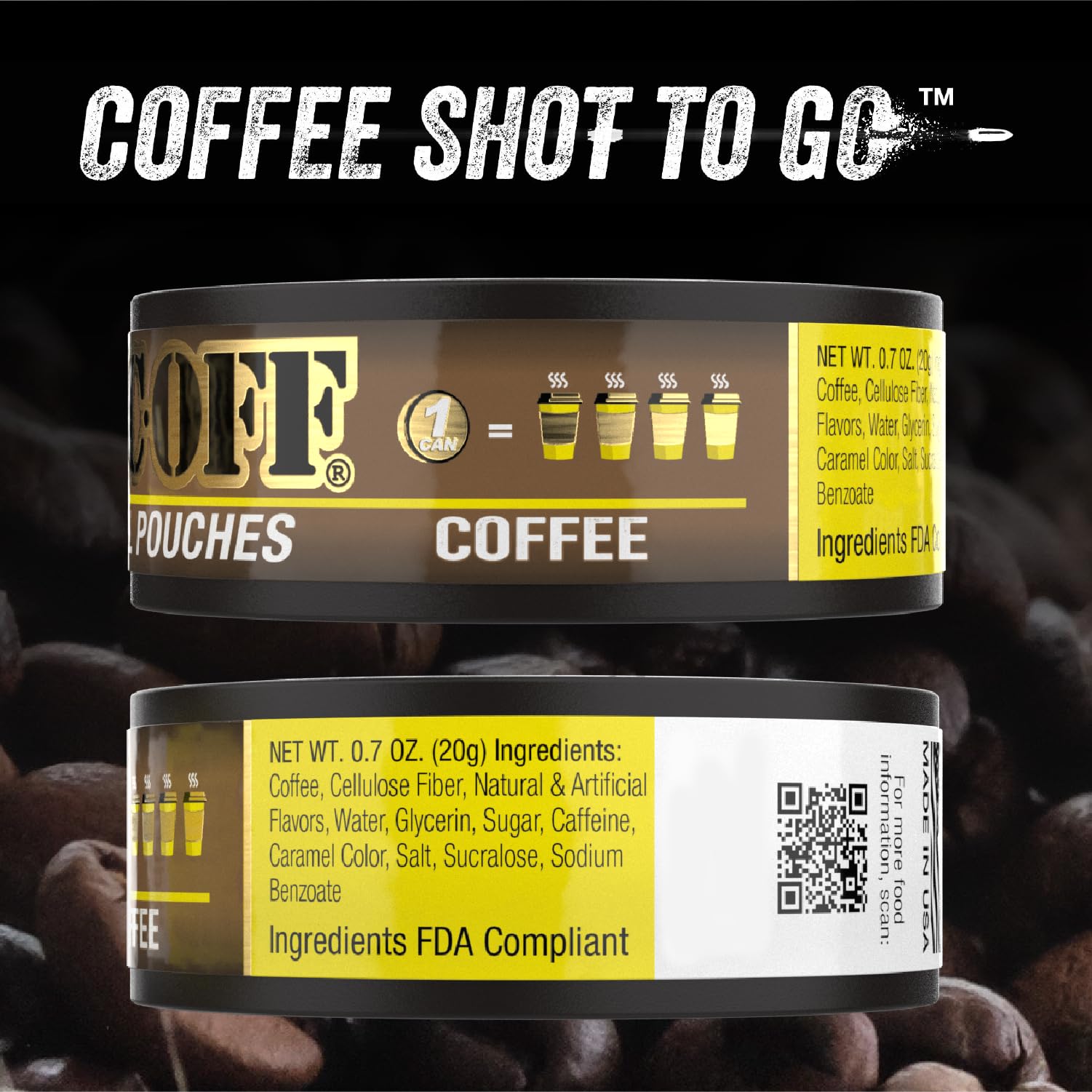 BACC OFF caramel coffee pouches dispensing setup demonstrates easy serving options.