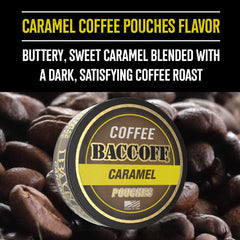 BACC OFF caramel coffee pouches pack shot highlighting portability for on-the-go snacking.
