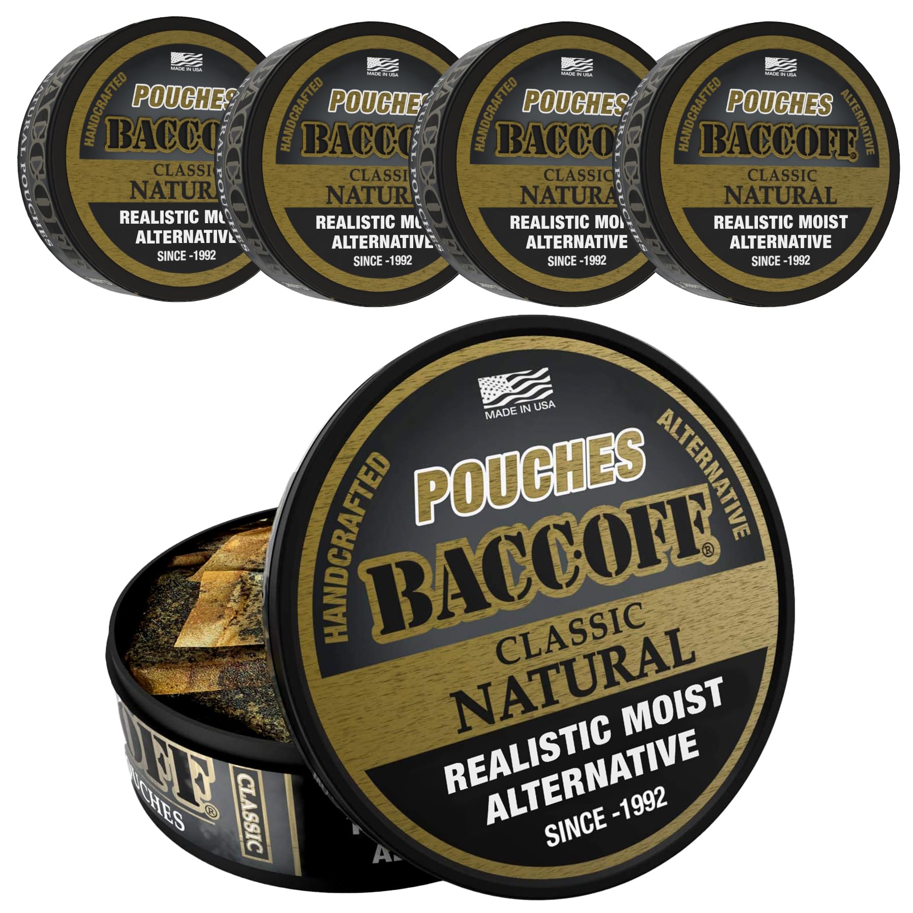 BACC OFF Classic Natural Pouches can with smoky black tea blend for authentic flavor.
