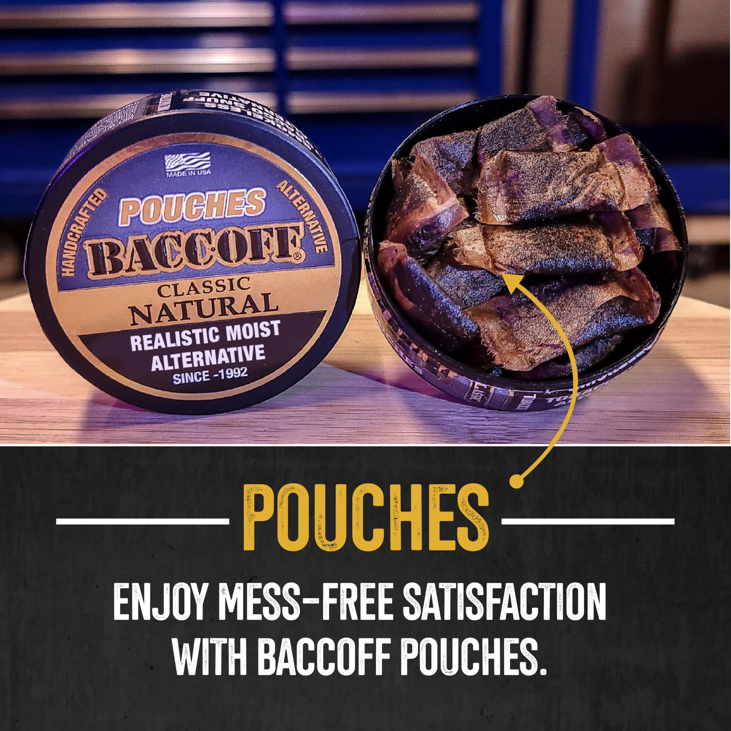 BACC OFF Classic Natural Pouches smoky-flavor close-up highlights robust aroma.