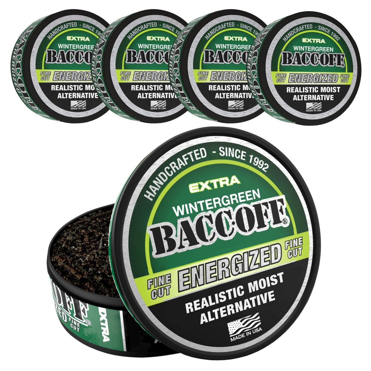 BACC OFF Extra Wintergreen Energized Fine Cut can front view highlighting bold flavor.