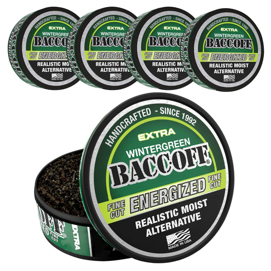BACC OFF Extra Wintergreen Energized Fine Cut can front view highlighting bold flavor.