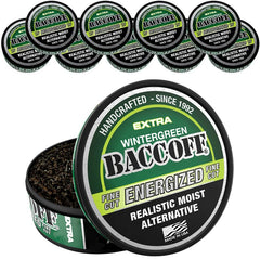 BACC OFF Extra Wintergreen Energized Fine Cut can front with bold flavor and caffeine boost.