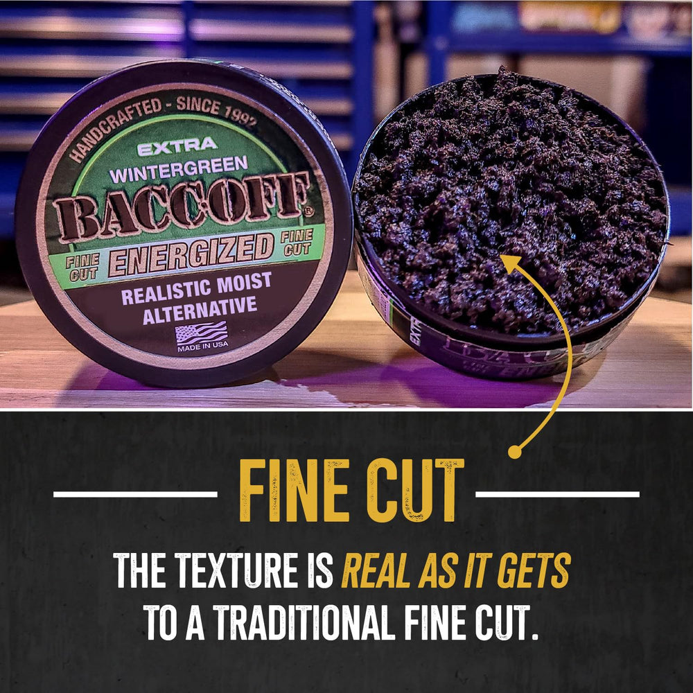 BACC OFF packaging closeup of the Energized Fine Cut can and label.