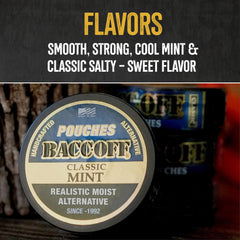 BACC OFF Mint Pouches cans stacked highlight 16 pouches per can.