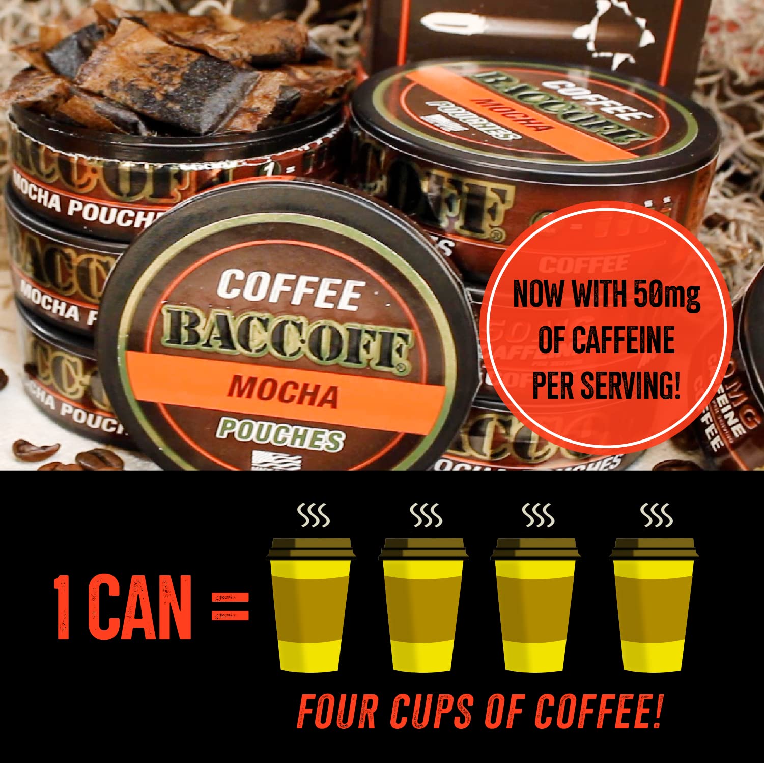 BACC OFF Mocha coffee pouches open-can view for quick use.