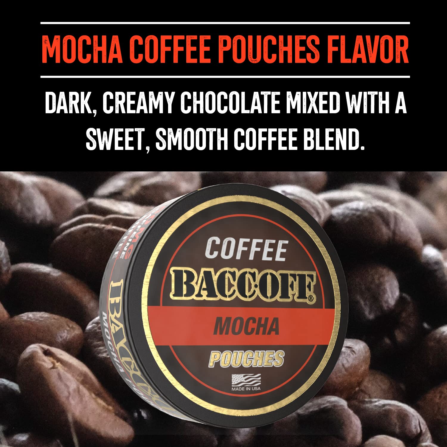 BACC OFF Mocha coffee pouches pack shot highlights grab-and-go design.